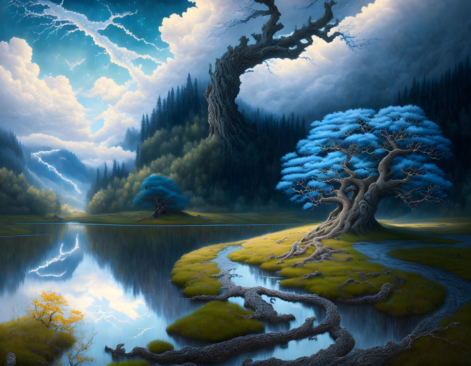 Majestic blue-leaved tree on island with lightning-streaked sky