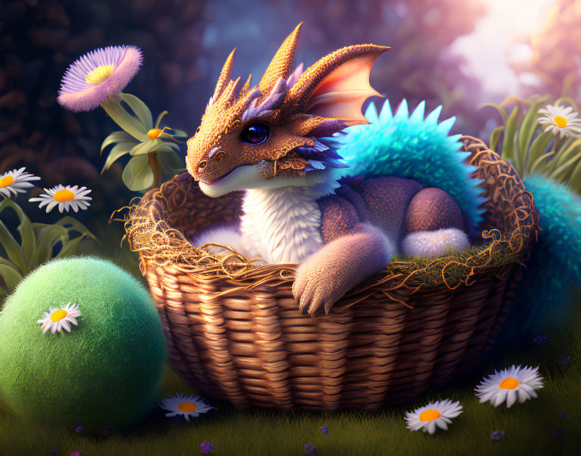 Dragon Hatchling in Wicker Basket Surrounded by Flowers and Egg in Magical Forest
