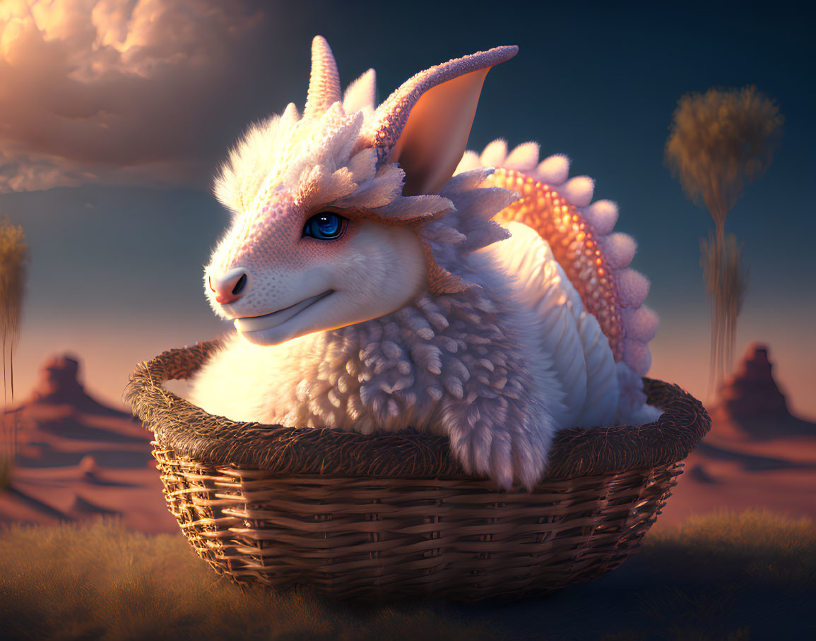 Unique dragon-sheep hybrid creature in basket at sunset