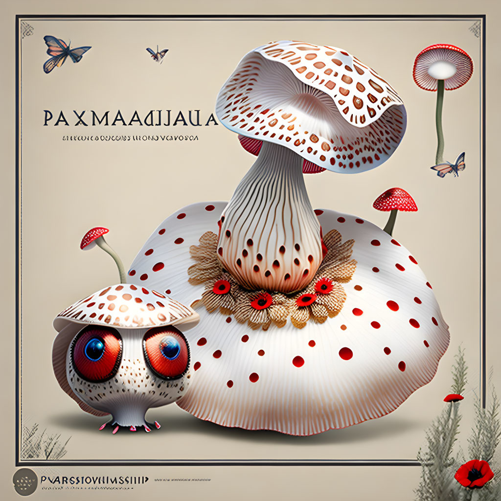 Colorful Creature Illustration with Mushroom Cap Body and Polka Dots