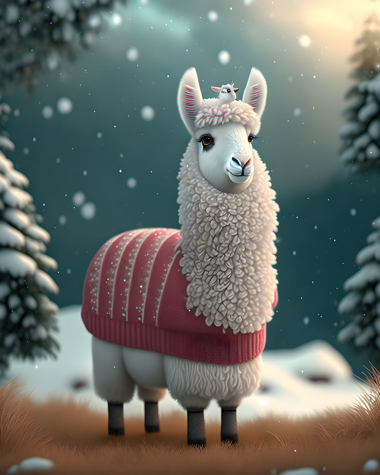 Illustrated llama in red sweater with bird in snowy landscape