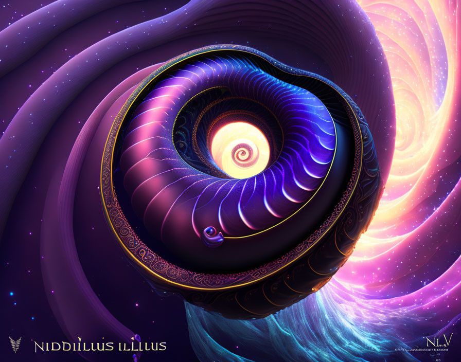 Colorful digital artwork of cosmic swirl in purple and blue hues.