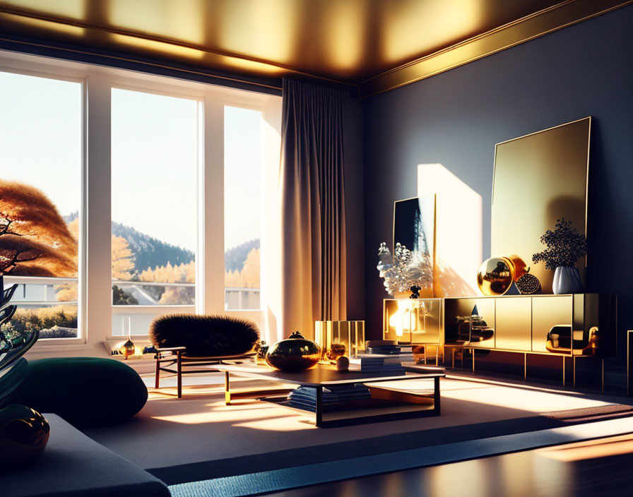 Stylish modern living room with dark walls and mountain view