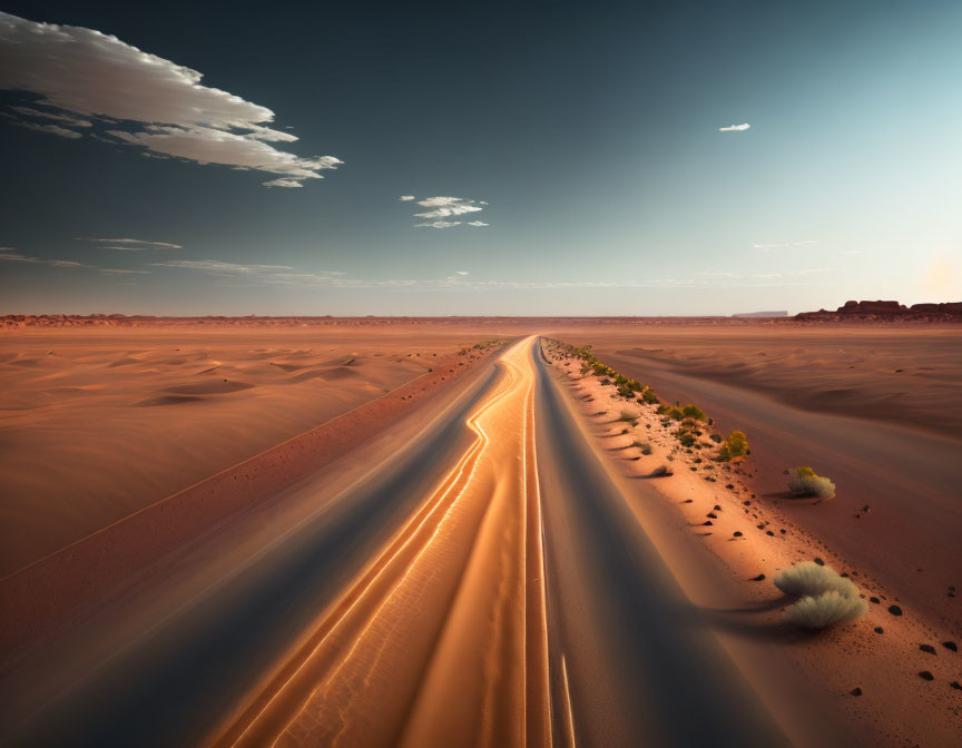 Tranquil desert landscape: straight road, rolling sand dunes, sunset sky