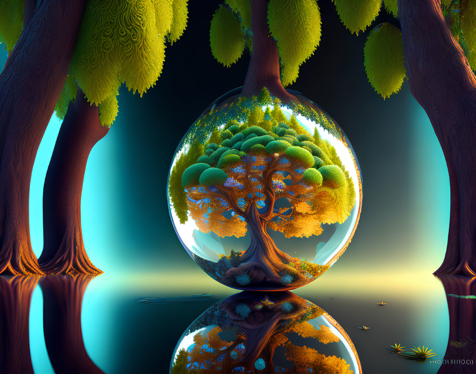 Fantastical landscape with oversized tree in transparent sphere surrounded by towering trees reflected in calm water