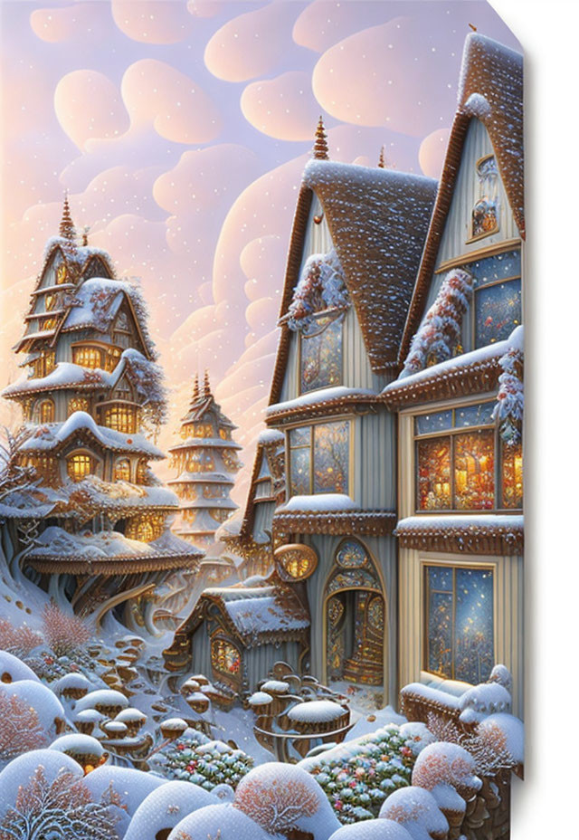 Snow-covered house and pagoda in whimsical winter scene.