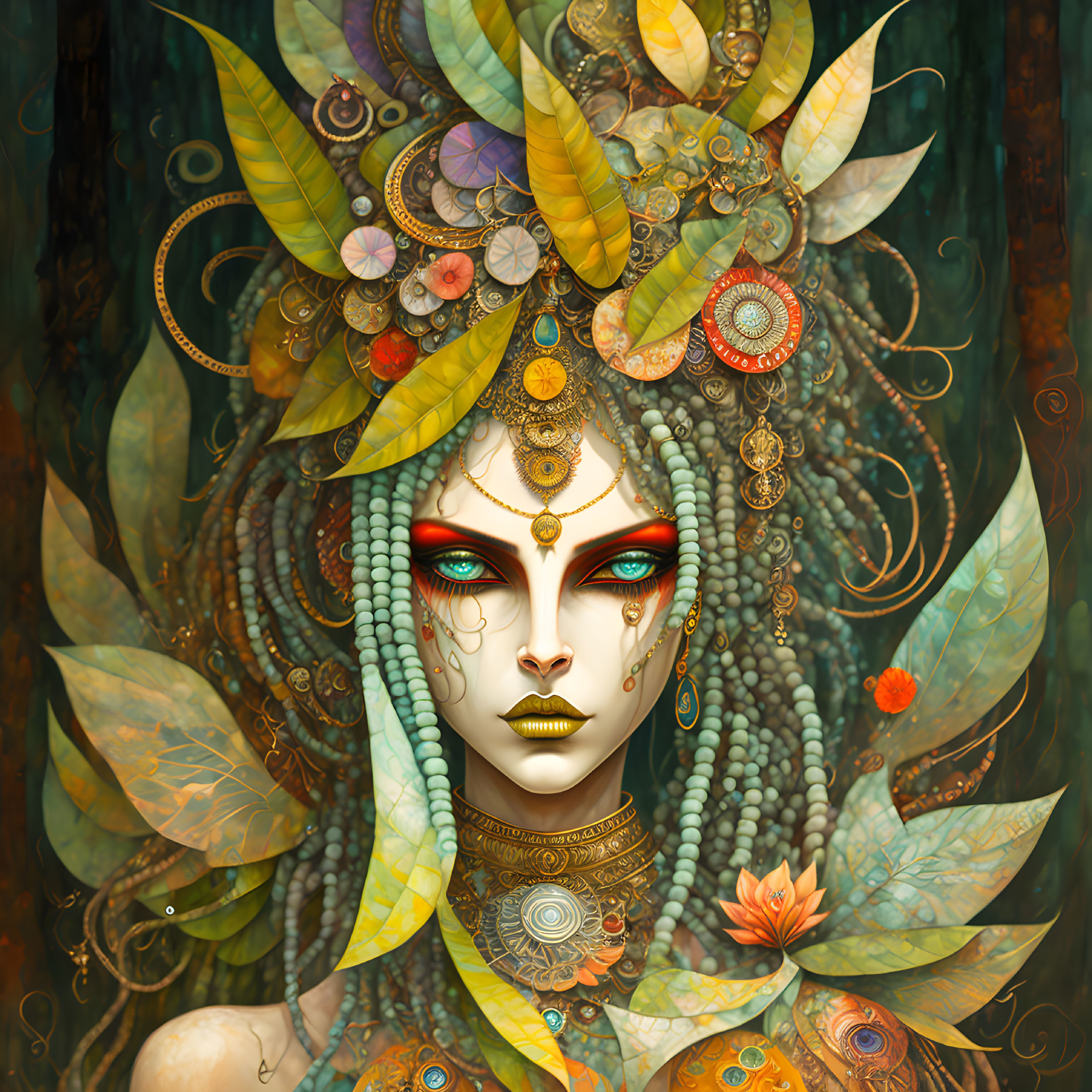 Mystical female figure with ornate jewelry in fantastical forest