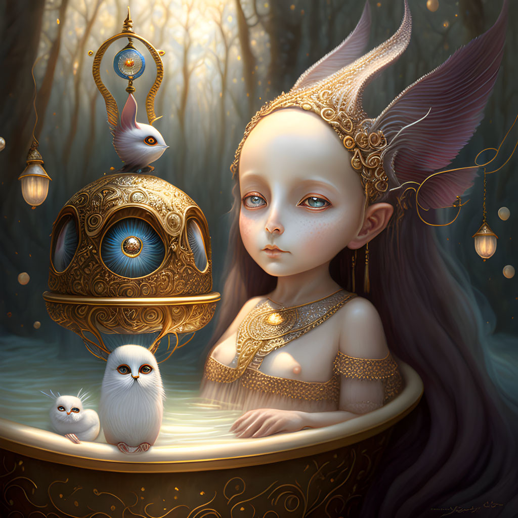 Fantasy illustration: Girl with large eyes and elfin ears, owls, lanterns in magical