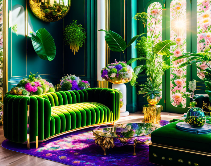 Luxurious botanical-themed interior with green velvet sofa and golden accents