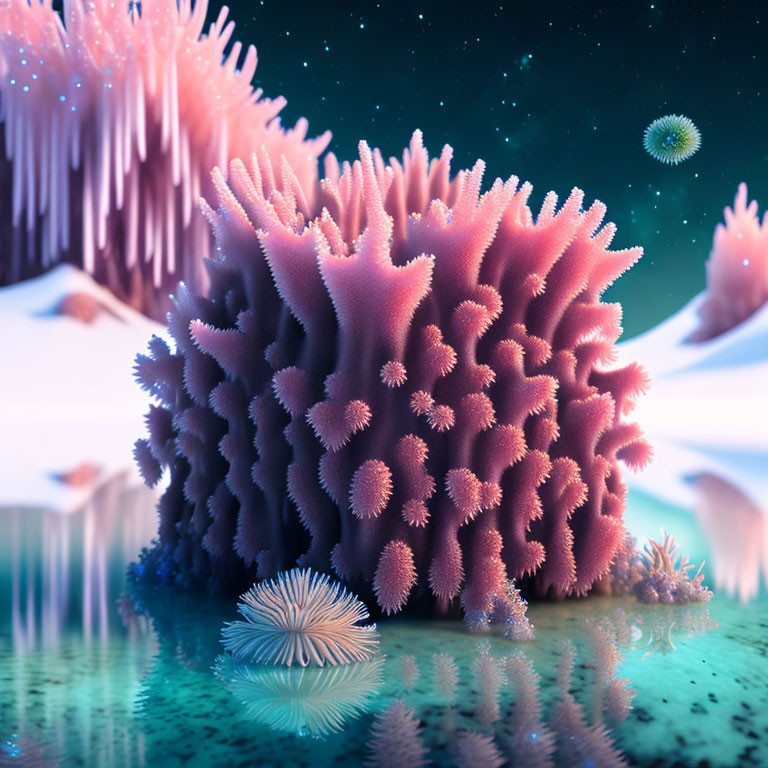 Surreal coral-like structures in starry sky landscape