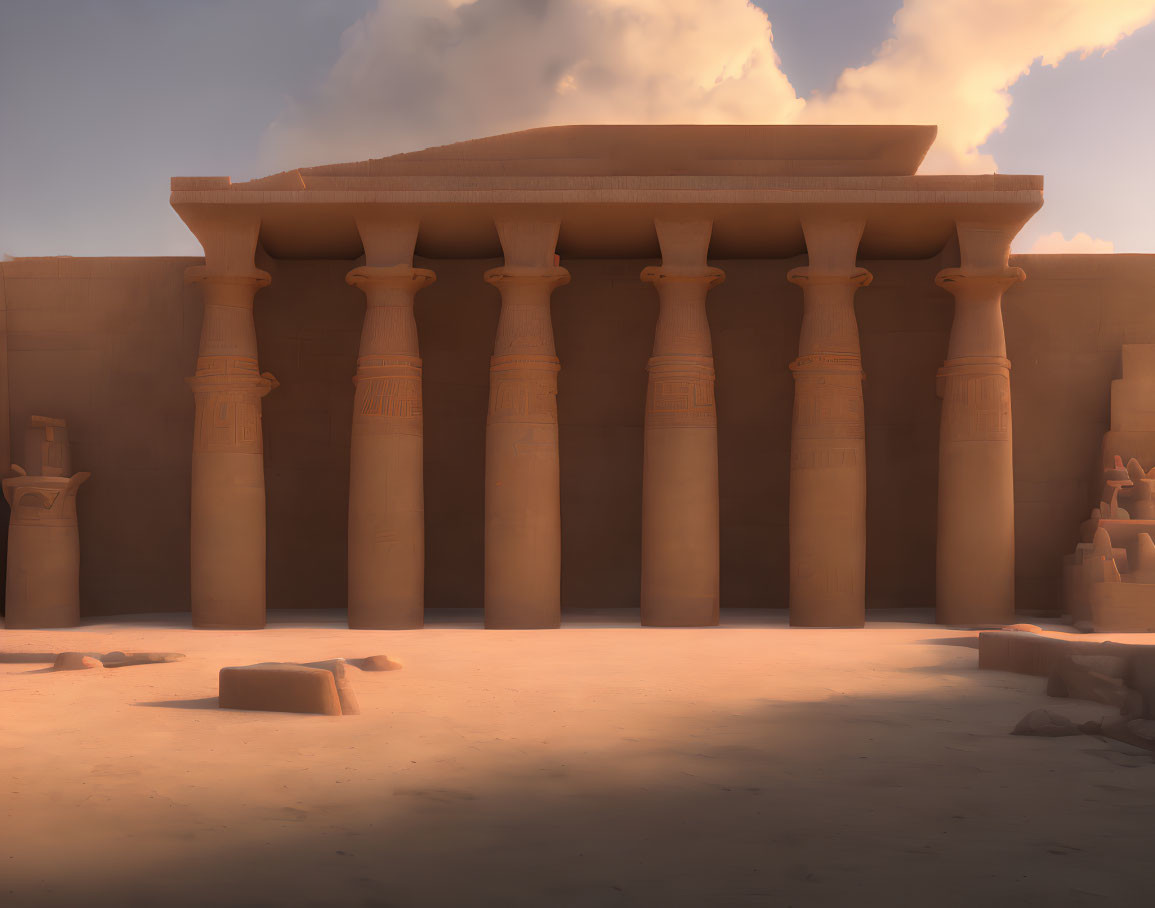 Ancient Egyptian temple illustration with carved columns and pottery in sunlight