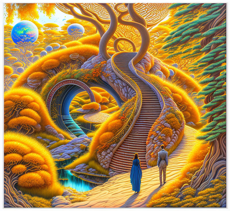 Vibrant landscape with swirling pathway and floating spheres