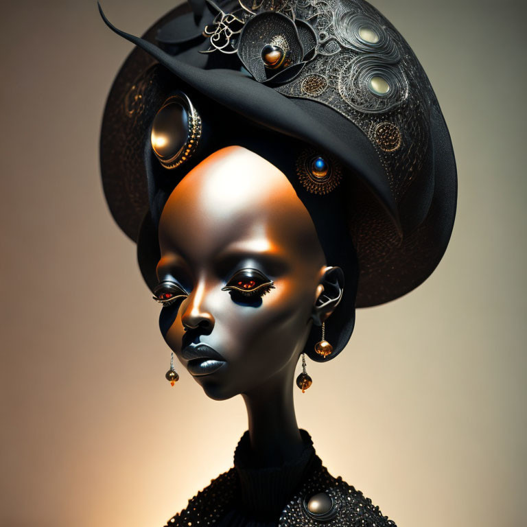 Stylized portrait of figure with ornate headdress and metallic skin
