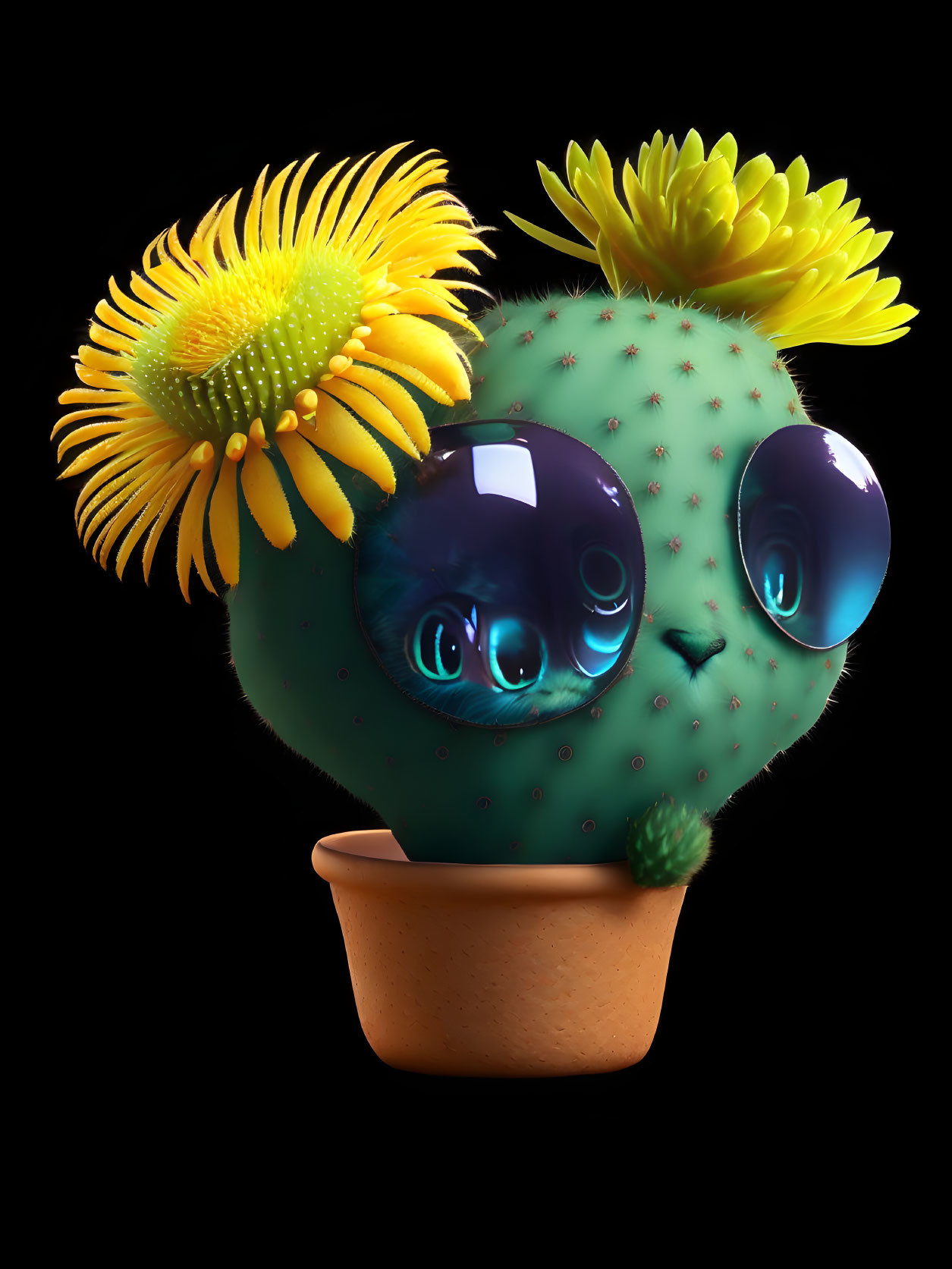Anthropomorphic cactus with blue eyes and yellow flowers in clay pot