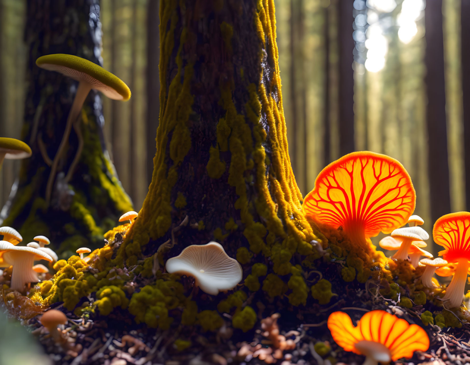 Forest scene: Glowing mushrooms by mossy tree trunk with sunlight.