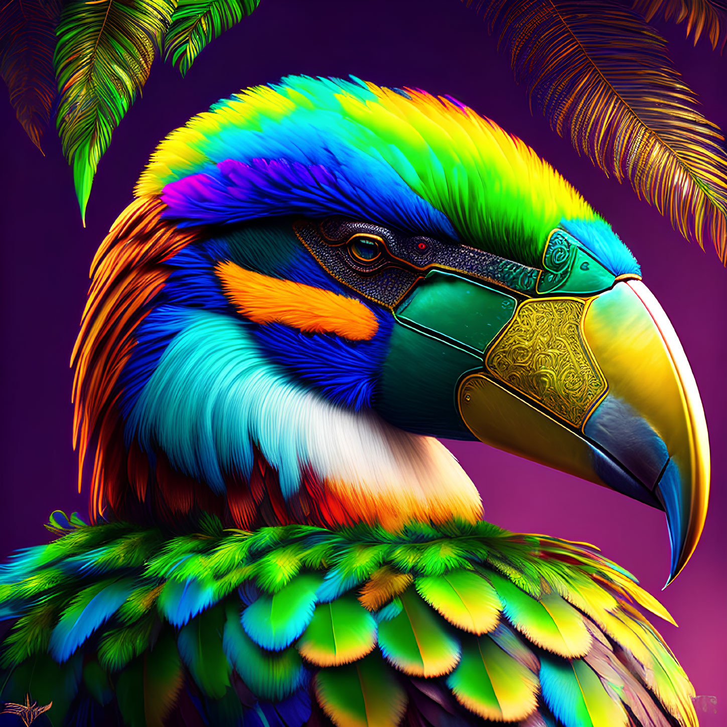 Colorful Toucan Digital Artwork with Rainbow Feathers and Ornate Patterns