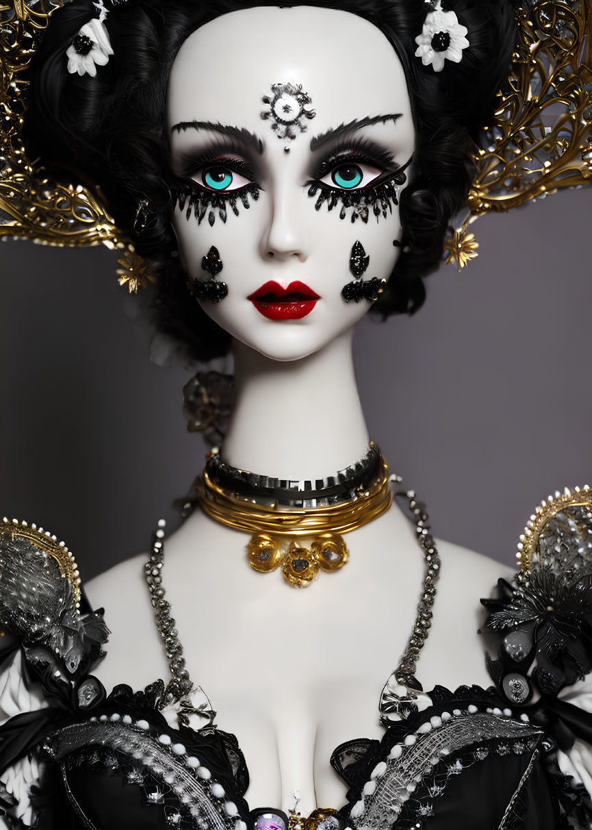Detailed Gothic Doll with Black & Gold Attire & Elaborate Accessories