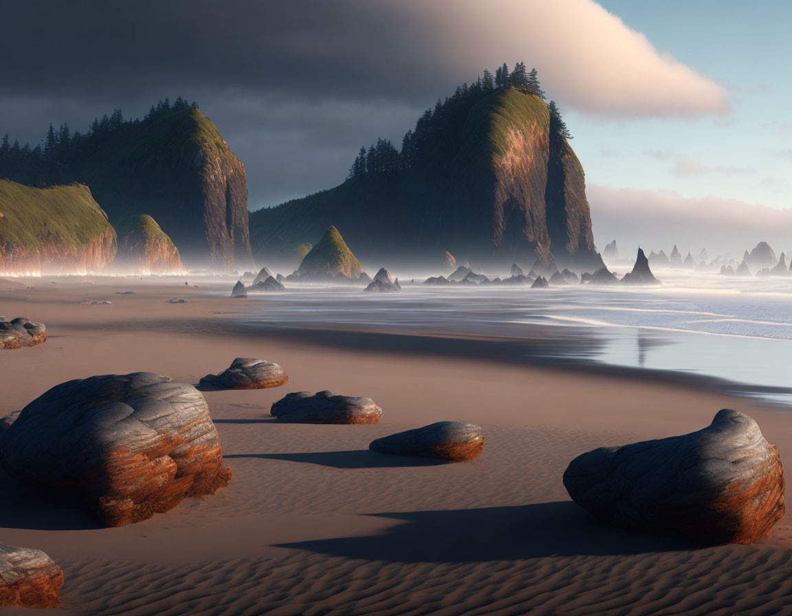 Tranquil misty beach scene with sea stacks, boulders, and wet sand
