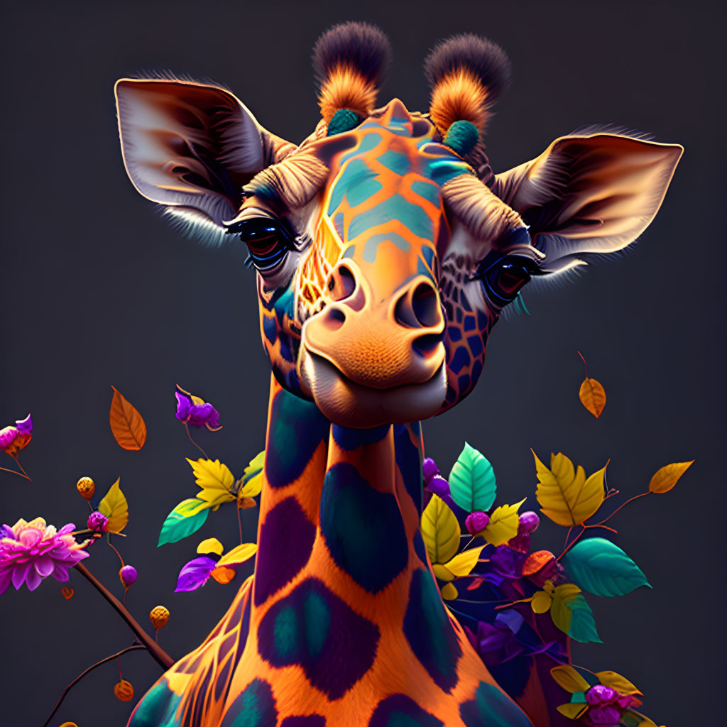 Colorful Giraffe Illustration with Whimsical Foliage and Flowers