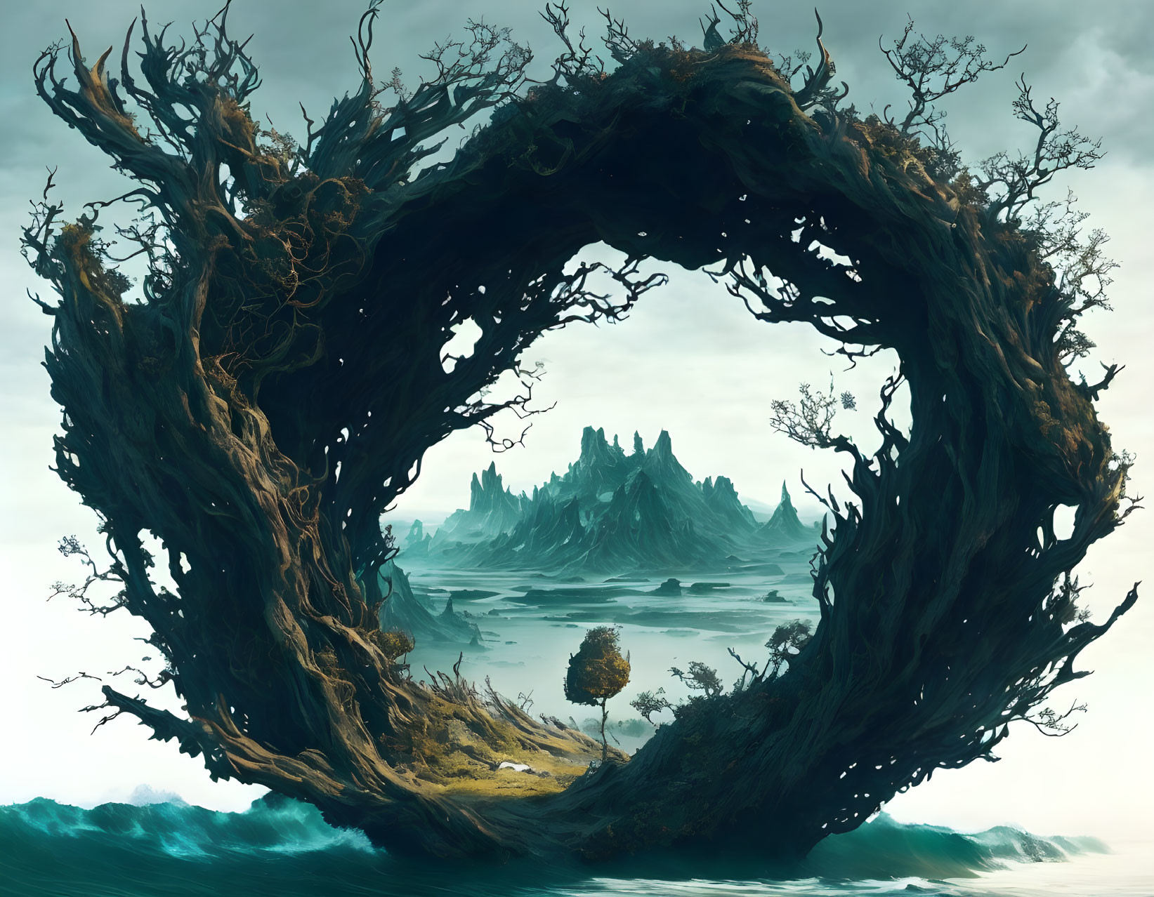 Surreal landscape with twisted trees, tranquil sea, mountains, clear sky