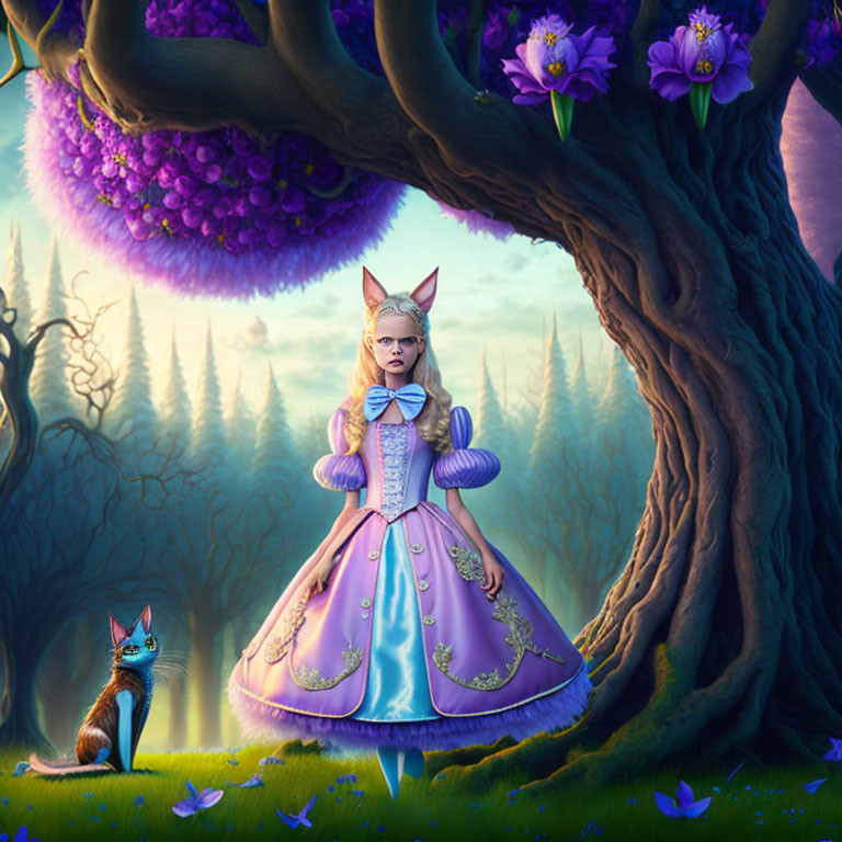 Illustration of girl in purple dress with cat ears beside tree and anthropomorphic cat under purple-flowered