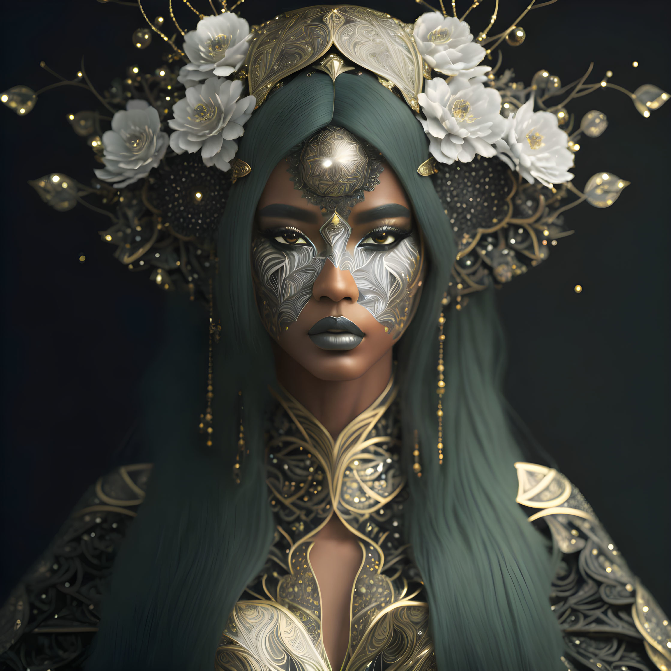 Portrait of woman with teal hair, golden headpiece, facial markings, solemn expression.