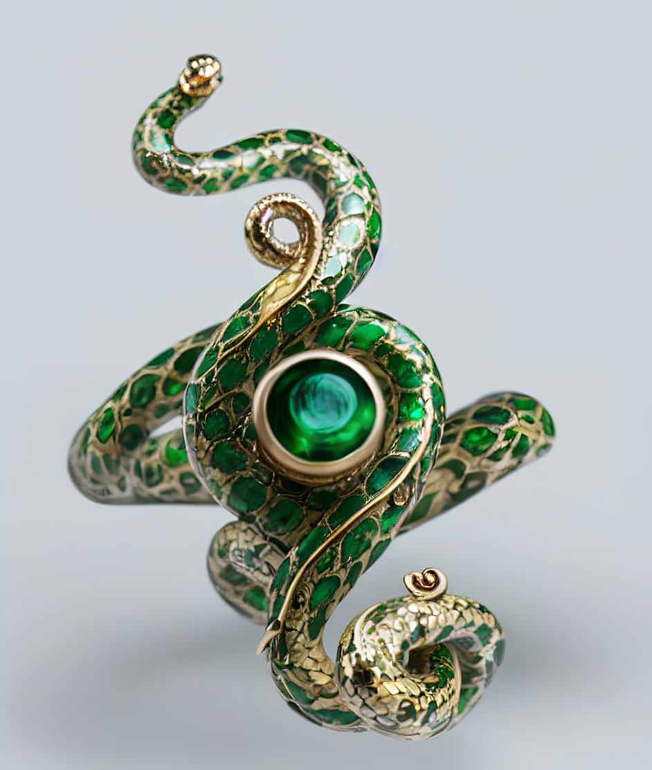 3D-rendered image of coiled jeweled snake with emerald scales and gold details