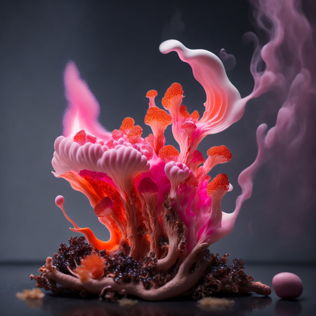 Vibrant surreal coral-like structure in intense pink hues on dark background