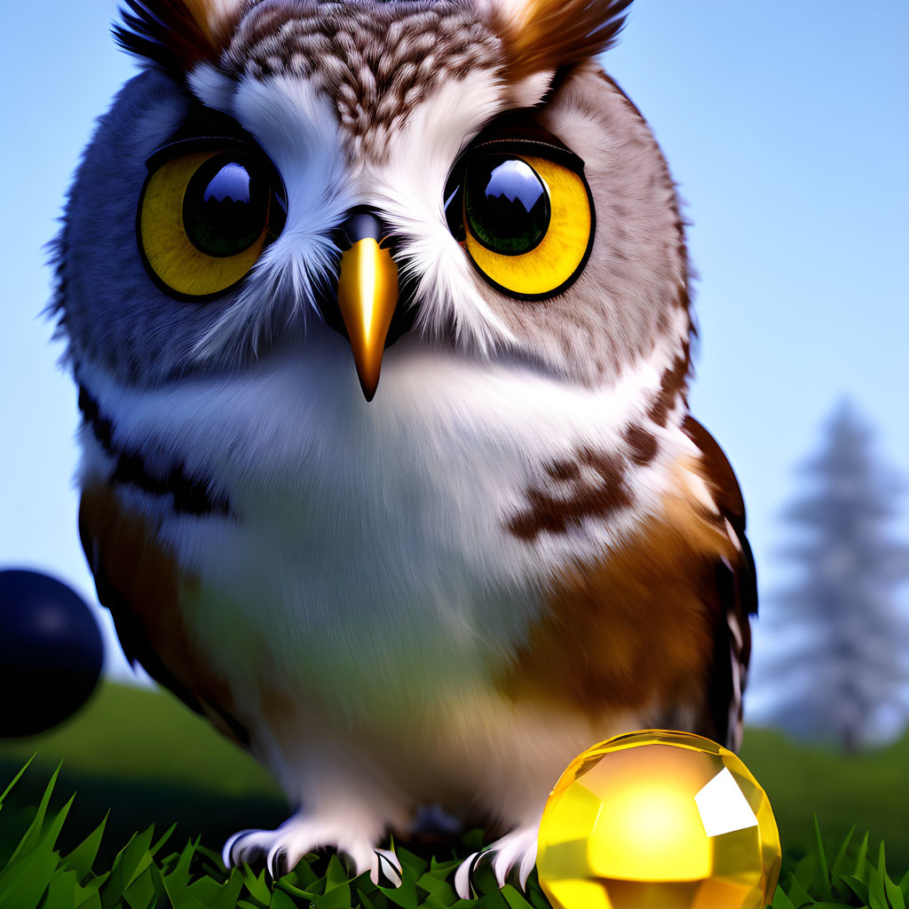 Stylized 3D illustration of owl with yellow eyes on grassy field