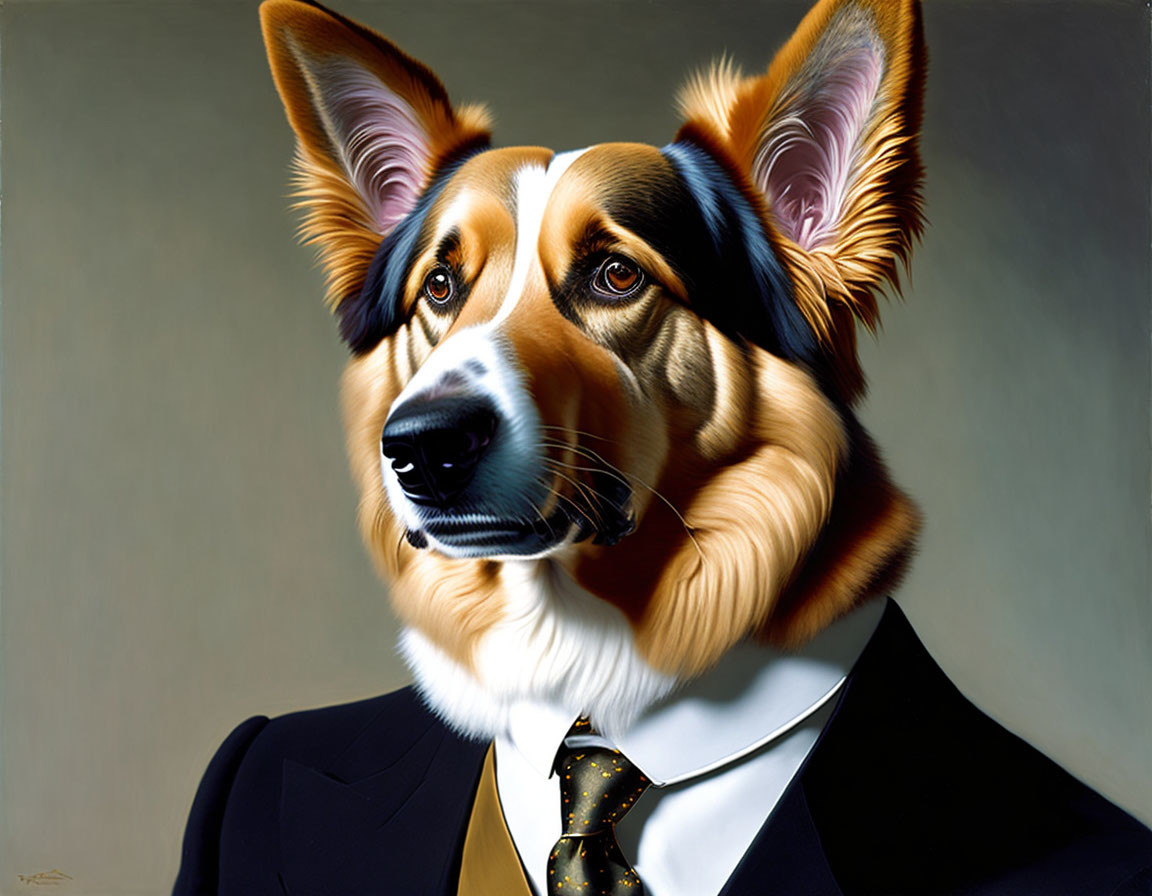 Dog with human-like features in suit and tie portrait.