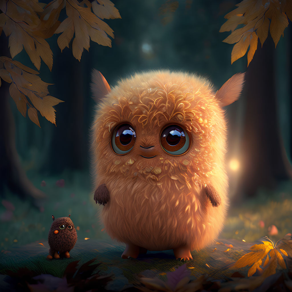 Fluffy and spiky creatures in autumn forest scene