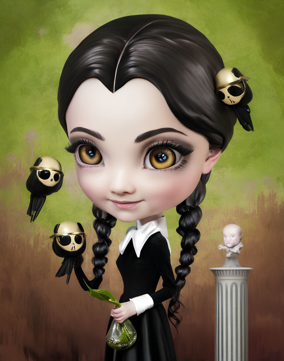 Detailed stylized illustration of girl with large eyes, braided hair, dark dress, holding green potion