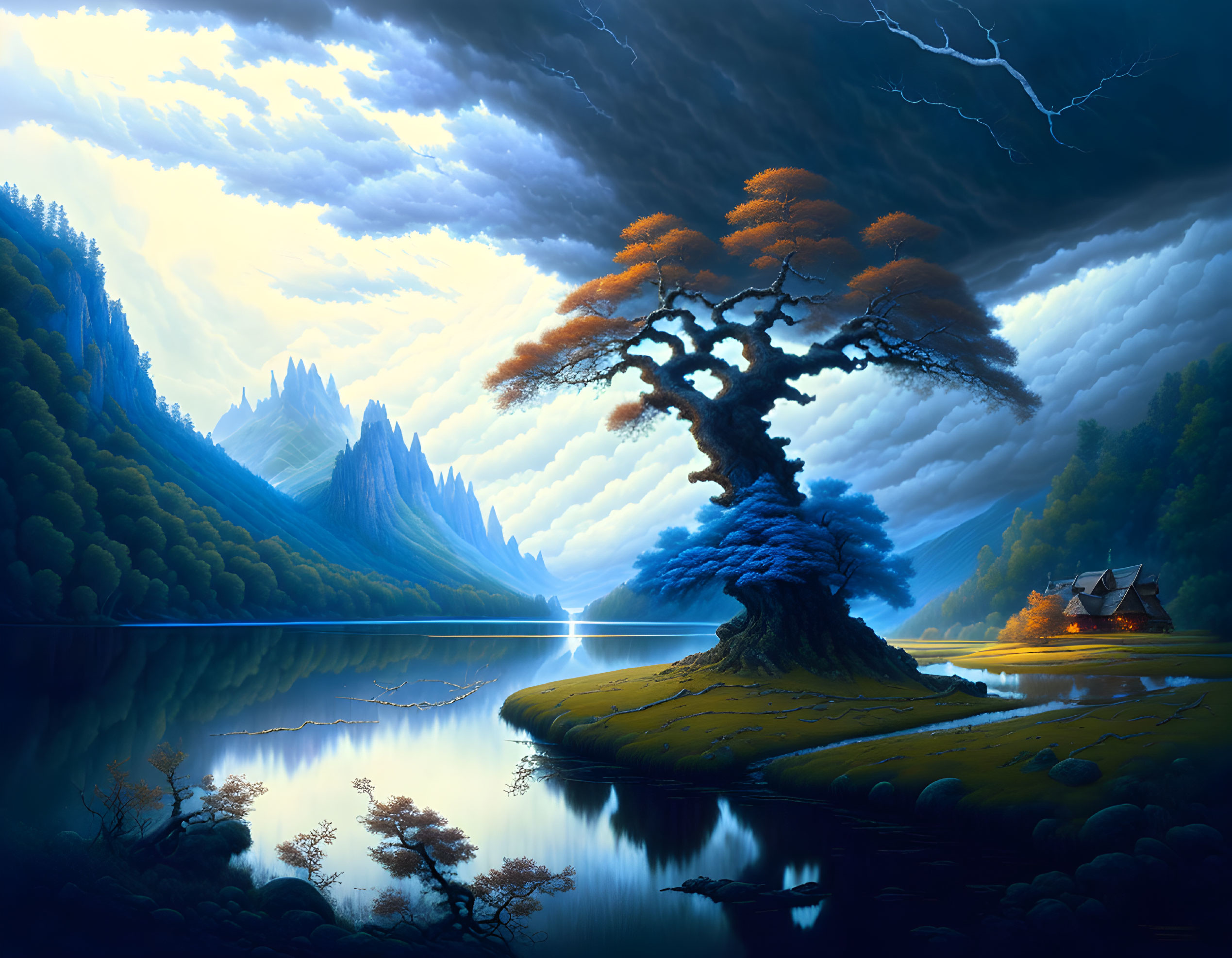 Digital artwork of serene lake with tree on island, surrounded by mountains, clouds, and lightning.