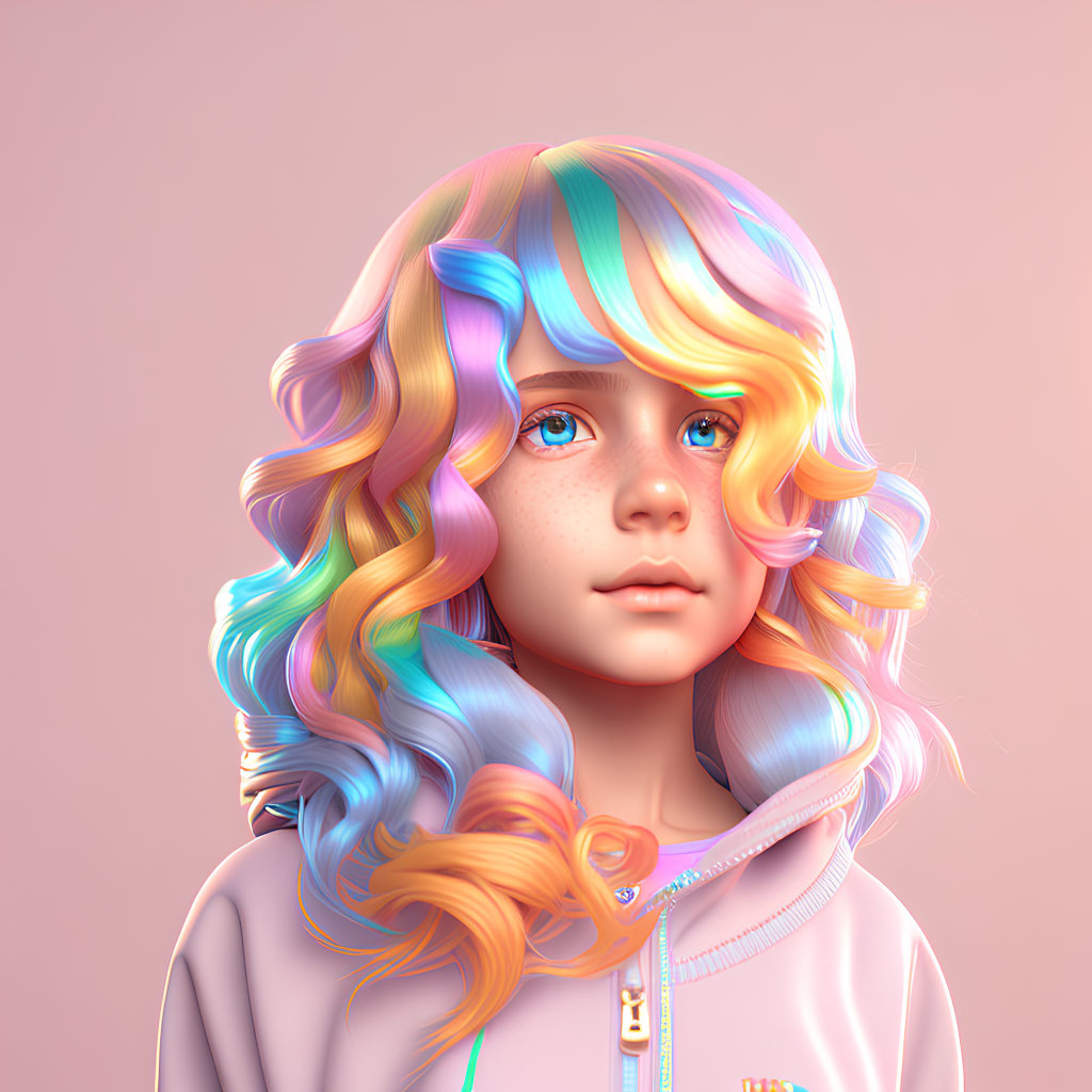Colorful Digital Art Portrait of Young Girl with Rainbow Hair and Pink Hoodie