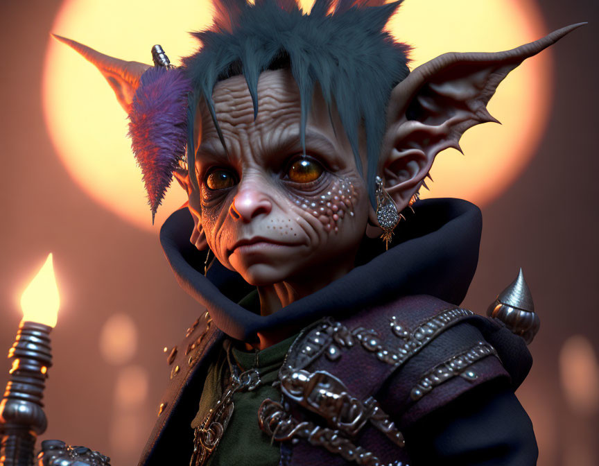 Fantasy creature with green skin, pointed ears, sharp teeth, in medieval attire under warm light