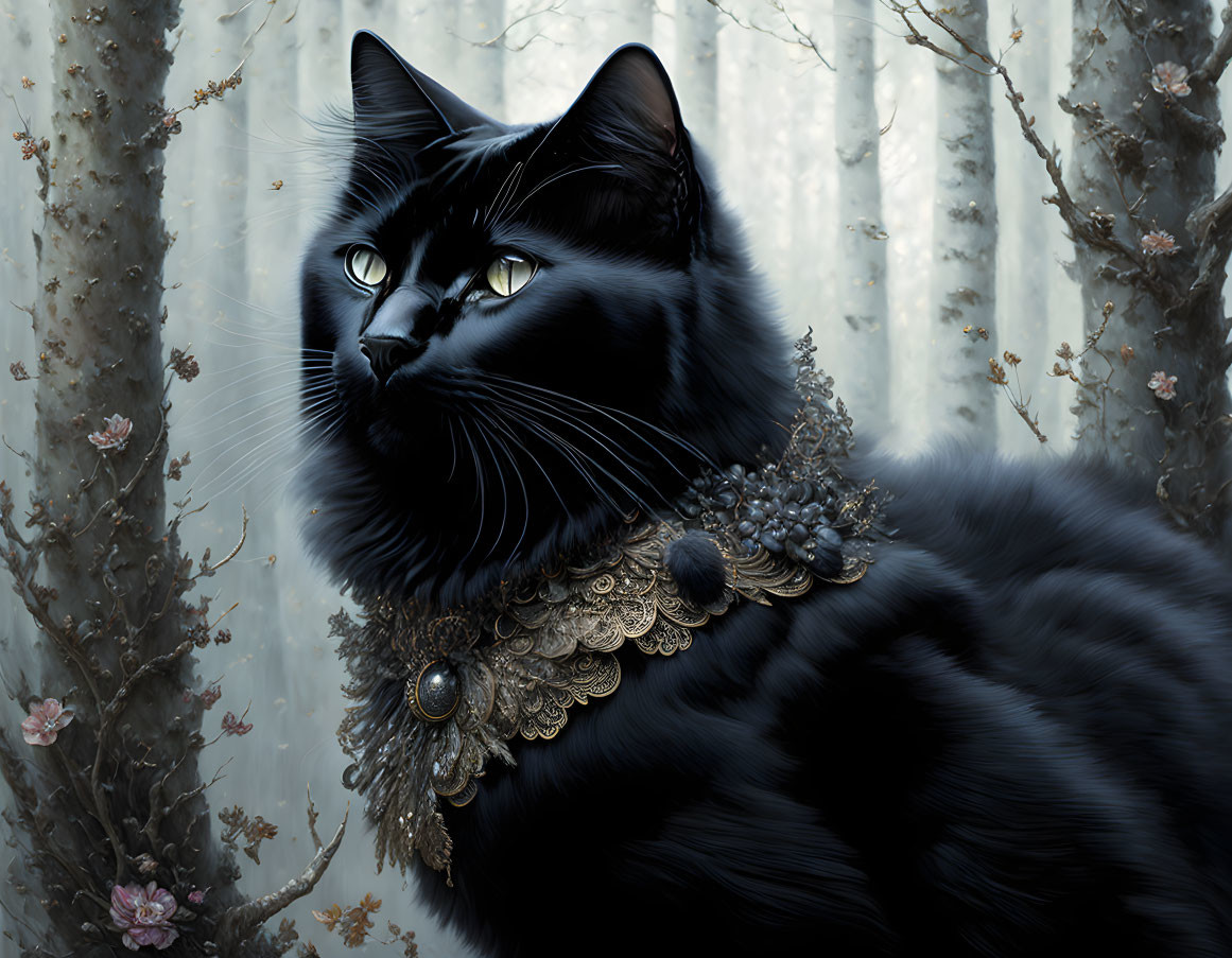Black Cat with Green Eyes in Gold Collar in Mystical Forest