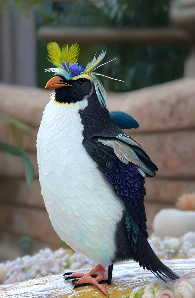 Colorful stylized bird with crest on floral surface in white, black, and blue plumage