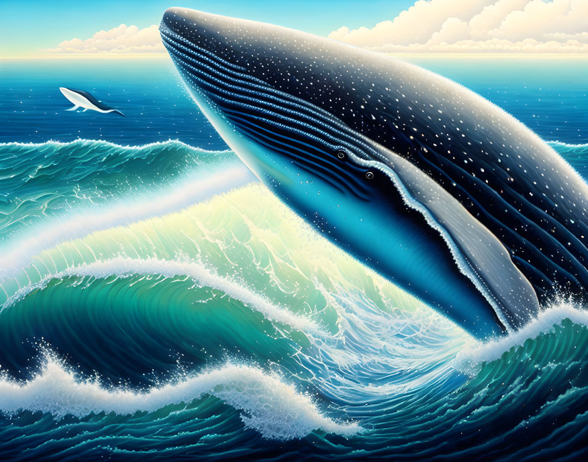 Detailed Illustration of Colossal Blue Whale Breaching in Ocean Wave