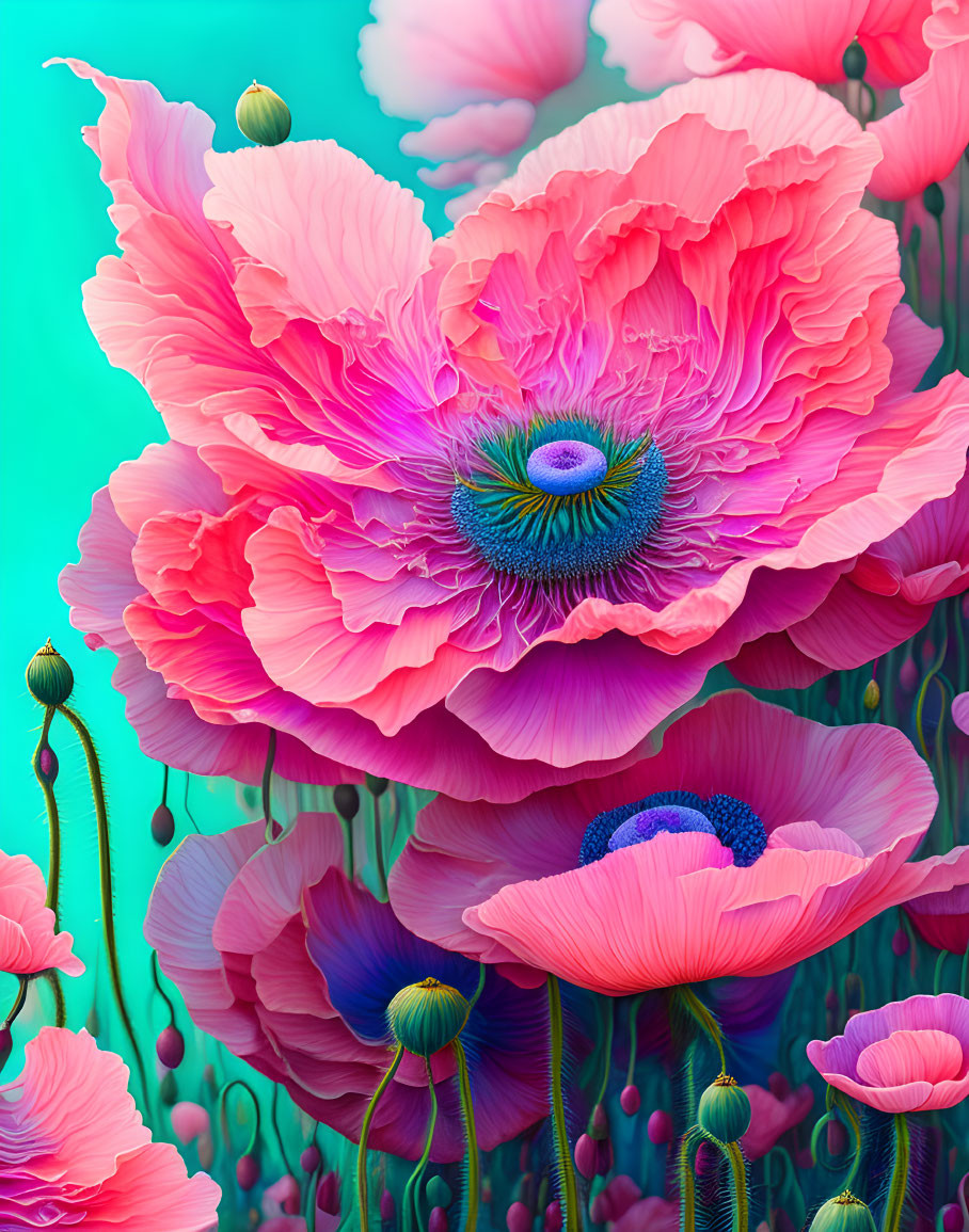 Detailed digital art of pink poppies with blue centers on turquoise background