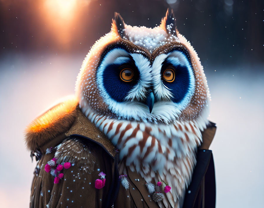 Anthropomorphic owl with blue eyes, backpack, pink flower jacket in snowy scene