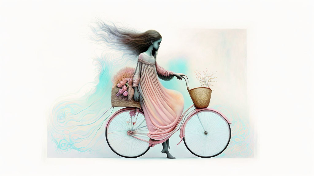 Ethereal woman in flowing dress rides bicycle with flower baskets