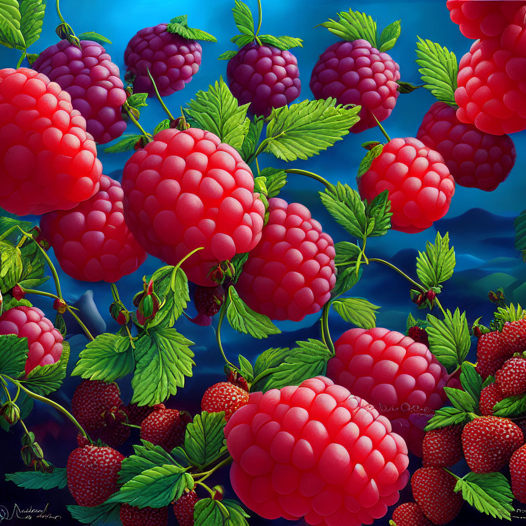 Colorful illustration of ripe raspberries on a blue and indigo background