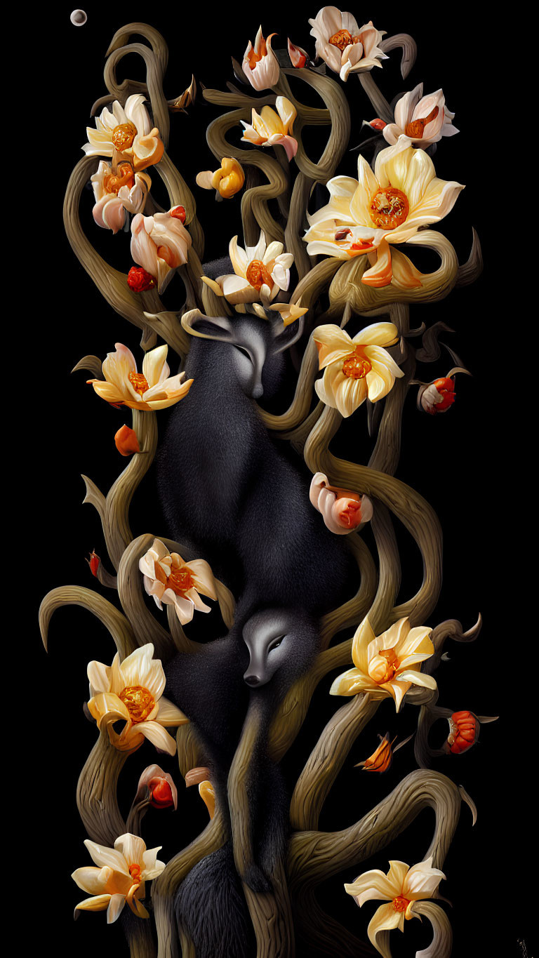 Surreal artwork: Antelope merges with wooden branches and flowers