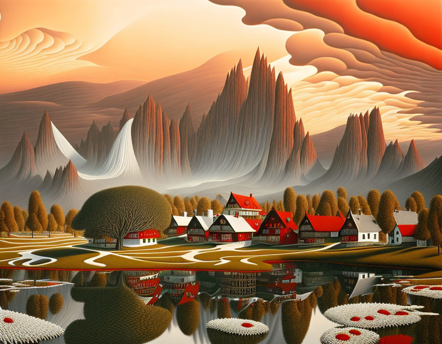 Surreal landscape with stylized mountains, vibrant village, reflective lake, whimsical trees, und