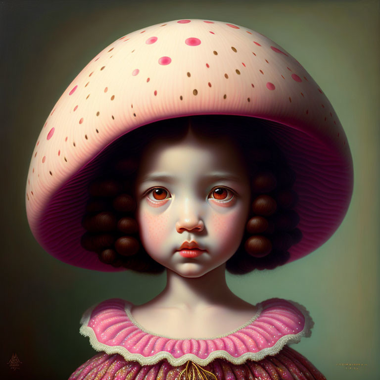 Surreal portrait of young girl with oversized mushroom cap and expressive eyes