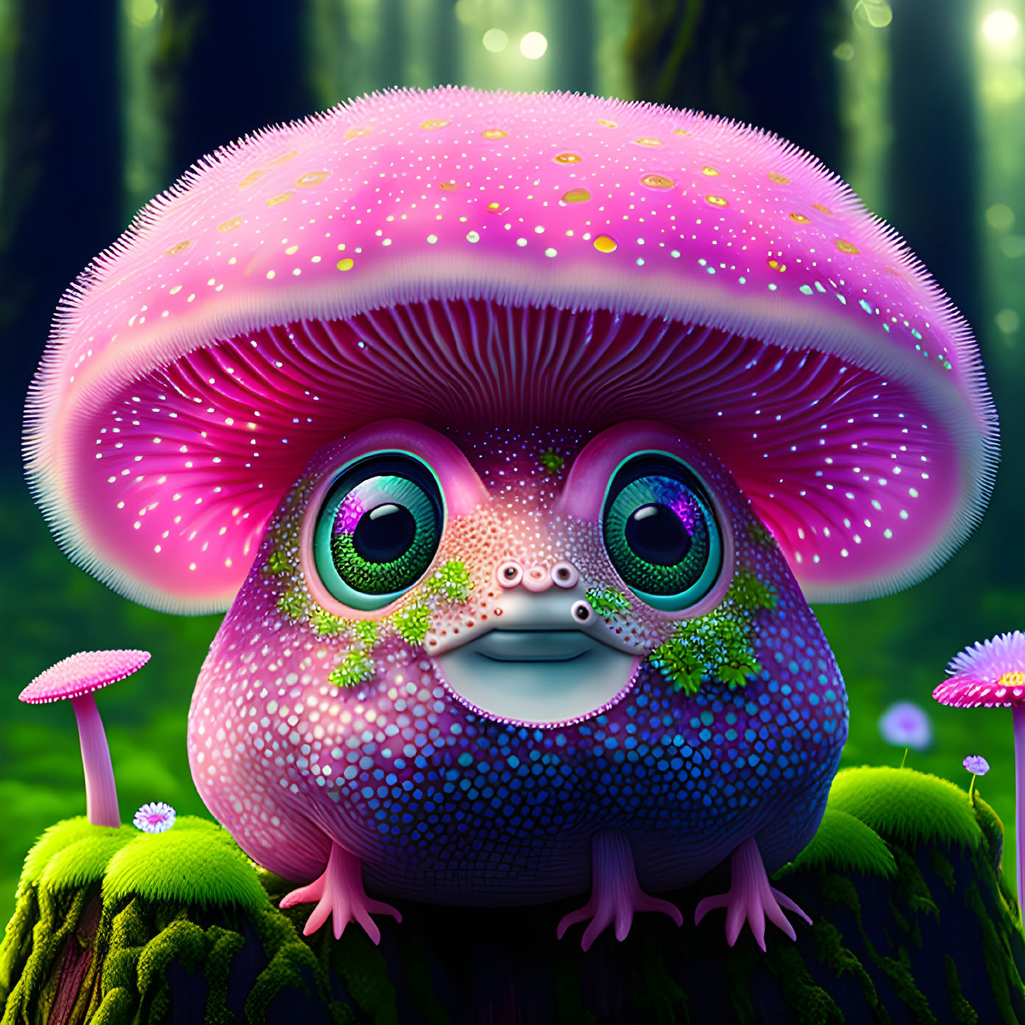 Colorful Creature with Mushroom Cap Head in Enchanted Forest