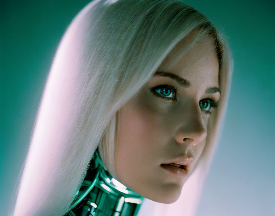 Platinum Blonde Hair Female Android Close-Up Teal Background