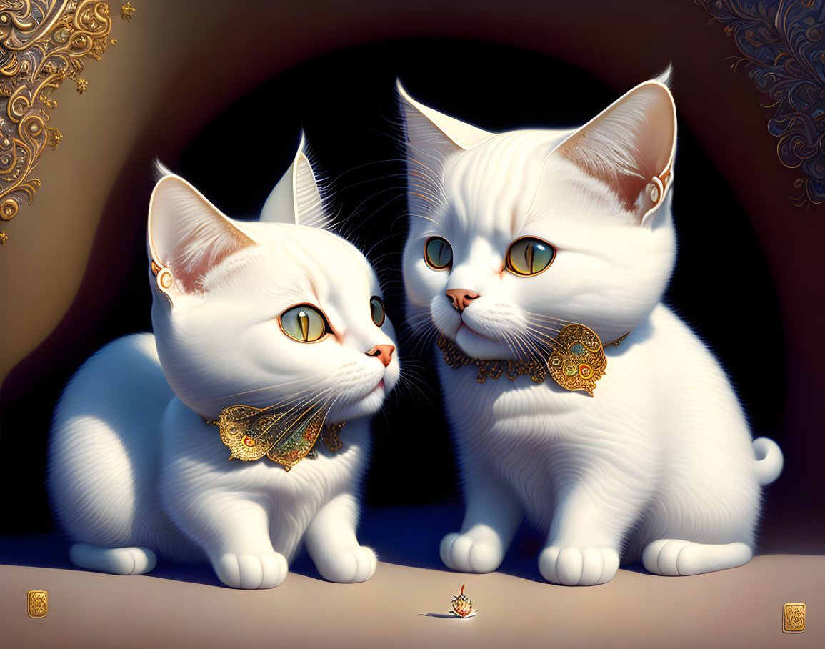 Two white cats with golden eyes wearing intricate golden jewelry, sitting against dark ornamental background.