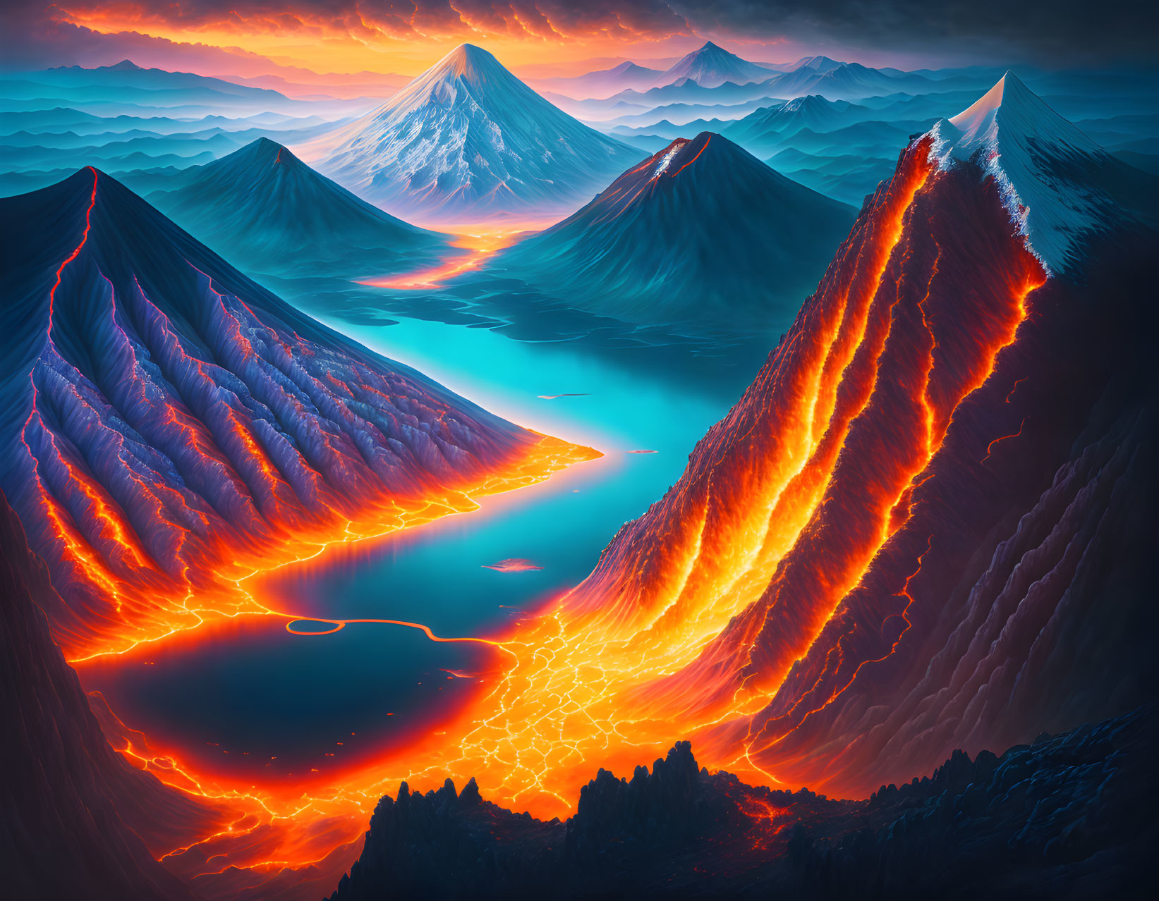 Digital artwork: Dramatic landscape with lava river, snow peaks, blue lake, fiery mountains