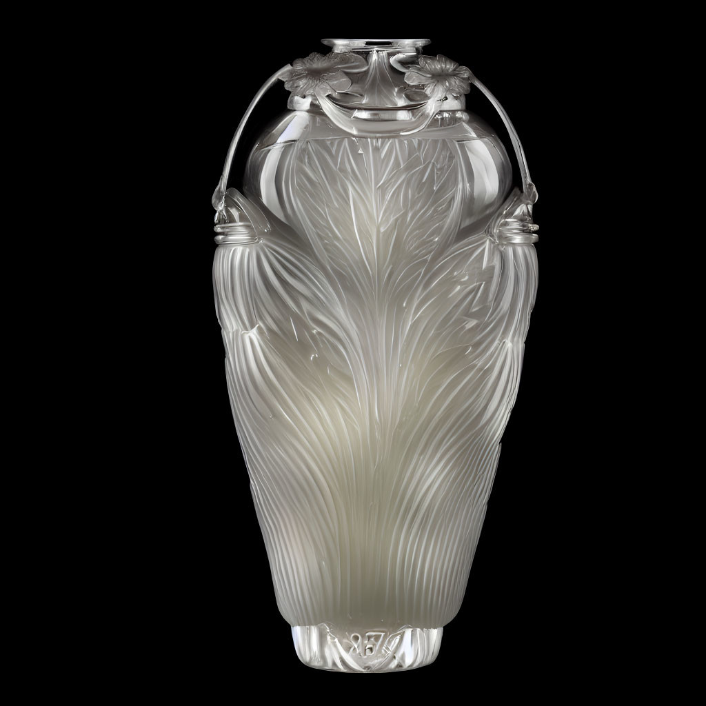 Translucent frosted glass vase with leaf patterns and floral motifs